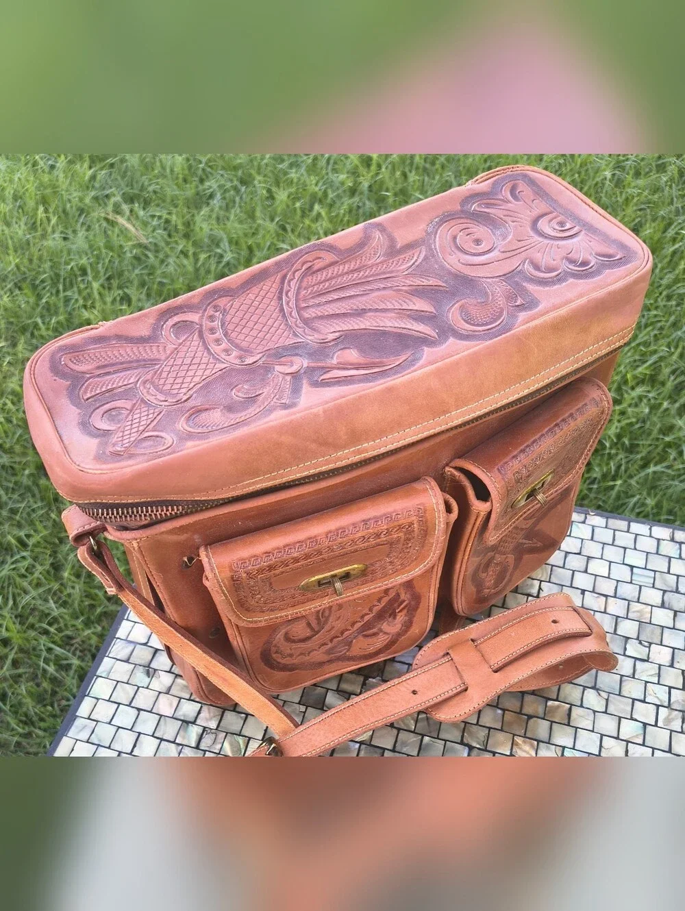 Hand-Tooled Brown Leather Camera Bag, Vintage 50s, Never Used, Mint Vintage